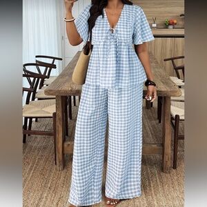 SHEIN Blue Checkered Wide Leg Jumpsuit